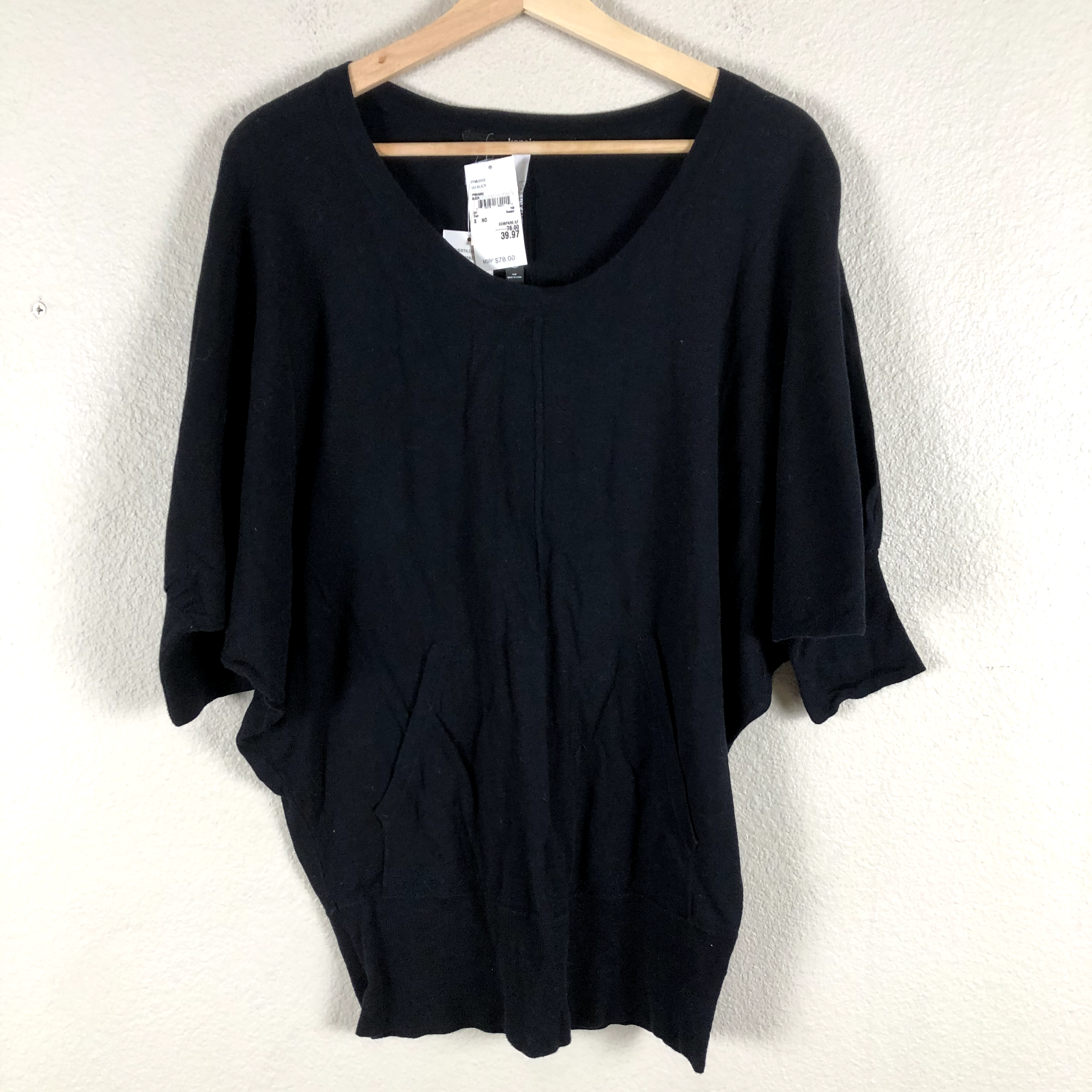 Kensie Shirt Black Knit Crew Neck Dolman Sleeve Casual Oversized Women Small